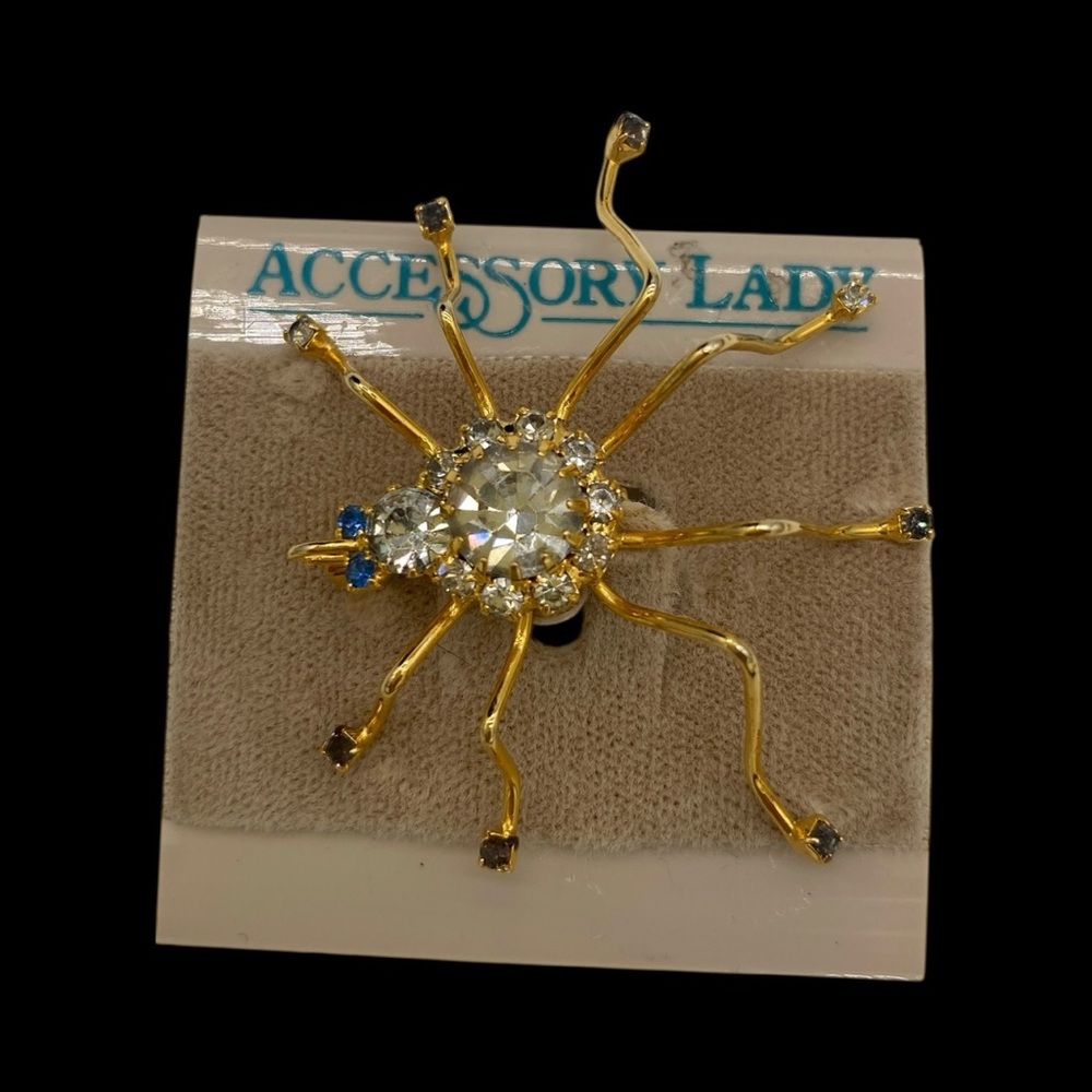 NWT- Vintage Rhinestone Spider Brooch - Gold Tone - Picture 3 of 9